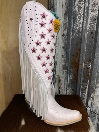 美国corral铆钉星星刺绣，牛皮真皮复古流苏长靴西部牛仔靴白色女靴