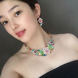 欧美彩色花朵水钻锁骨项链，耳环套装轻奢甜美女礼服晚宴装饰品配饰