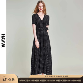 havva2024夏季黑色波点法式长裙高腰气质，v领显瘦连衣裙q8052