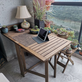 实木靠墙折叠桌子可伸缩餐桌，长方形家用耐晒阳台木头实芯桌椅组合