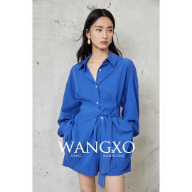 WANGXO｜独家定染100支高密长绒棉｜宽松廓形系带衬衫短裤套装女