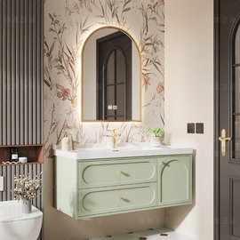 法式轻奢浴室柜组合陶瓷，一体卫生间现代简约洗漱台橡木烤漆洗手盆