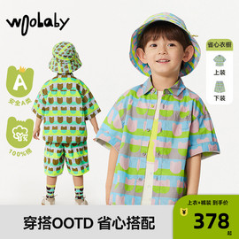 woobaby儿童短袖衬衫男童女童24夏小童宝宝纯棉外套短裤套装