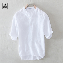 一件会呼吸的亚麻t恤夏季薄款复古亚麻小立领，短袖衬衫男半袖白色