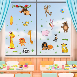 卡通动物幼儿园双面玻璃，小贴画创意装饰教室，窗户布置无胶无痕贴纸