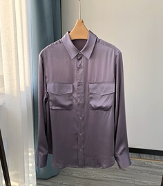 澳洲小众灰紫色砂洗真丝素绉缎，宽松版长袖，衬衫+斜裁长裤套装