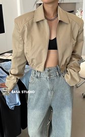 SASA 2024春季复古翻领小个子高腰短款美式机车服夹克外套女潮