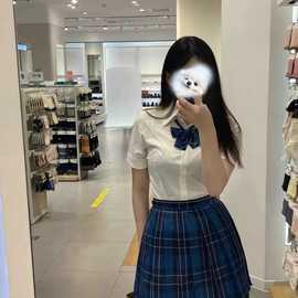 蓝色格子裙百褶裙少女jk校供感学生制服短裙半身裙，衬衫辣妹风套装