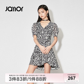 Jamor黑白花纹v领连衣裙女2024春季木耳边时尚短裙