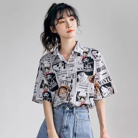 衬衫女设计感小众短袖，2022年夏季薄款韩版宽松卡通印花上衣潮