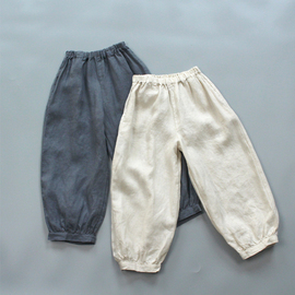 纯亚麻儿童裤子c2201男女宝，夏季薄款透气吸汗凉爽米色肥腿灯笼裤