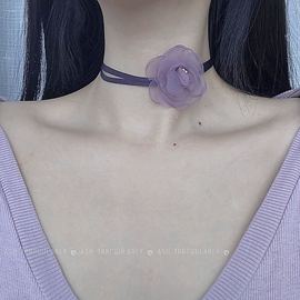 超仙网纱丝带紫色花朵，项链女短款锁骨链，颈带脖子饰品颈链百搭颈圈