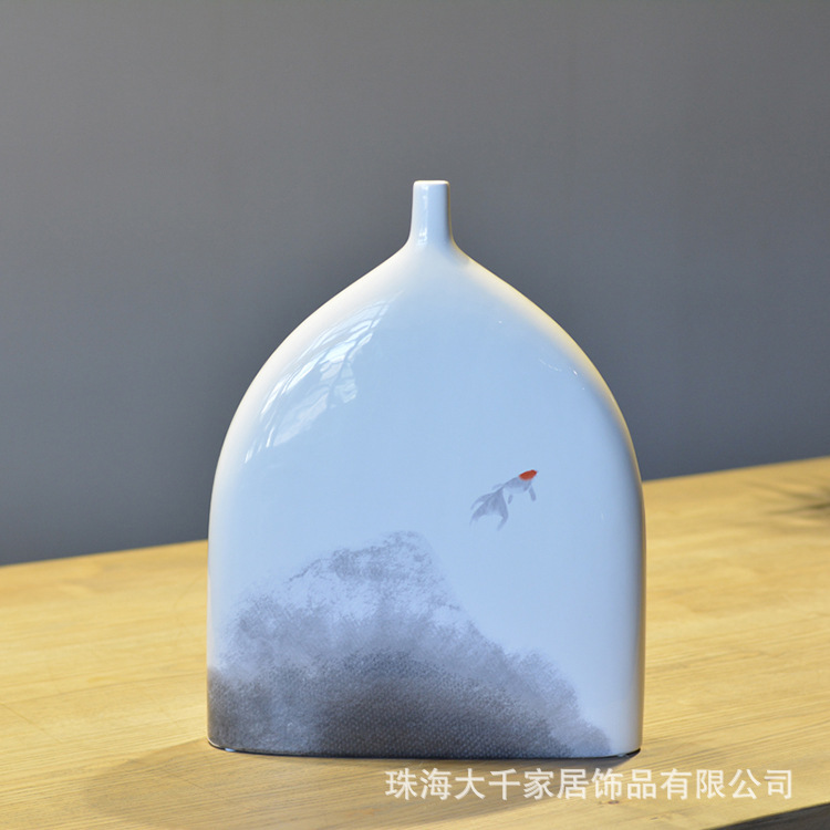 中式花瓶水墨画鱼乐花瓶摆件创意中式风格装饰品工艺品