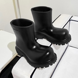 巴黎米奇大头靴2024欧美时尚短靴女黑色丑萌厚底中筒雨靴