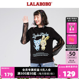 lalabobo甜美田园，风夏款原创印花拼接蕾丝长袖，t恤女l21b-wsdt31