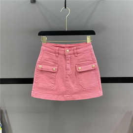 减龄粉红色牛仔小短裙女2024夏季工装口袋高腰a字包臀半身裙