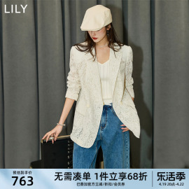 LILY2024夏女装浪漫镂空蕾丝都市复古双排扣气质休闲西装外套