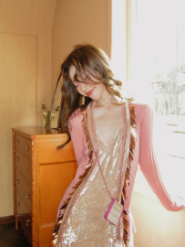 smol粉色针织外套女薄款秋装设计感亮片上衣，修身长袖小开衫