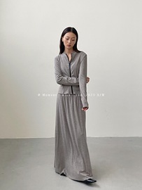 moment秋季韩版立领拉链修身上衣+松紧腰半身长裙休闲套装女