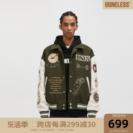 boneless毛巾绣pu皮拼接立领棒球服秋冬毛呢夹克宽松棉服外套男女