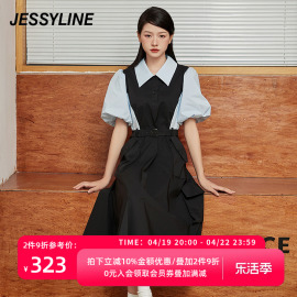 杰茜莱法式气质高级感连衣裙美拉德夏女黑拼色长裙jessyline