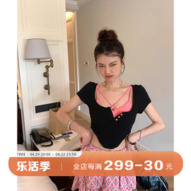 DULA好好家 黑色短袖t恤上衣女2024夏季+辣妹吊带背心两件套