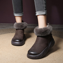 靴口兔毛短筒雪地靴2024冬季女防水真皮厚底，短靴加绒加厚羊毛棉靴