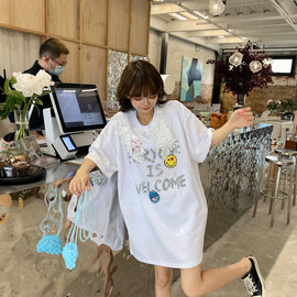 韩国夏季重工亮片笑脸减龄蕾丝娃娃领宽松短袖t恤女T