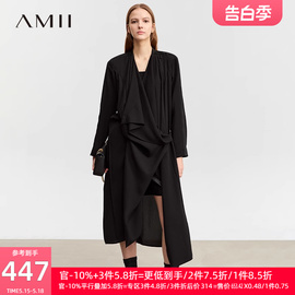 amii2024春休闲荡领不规则门襟，长款外套女雪纺长袖黑色上衣