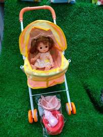 儿童公主长发卡通娃娃，铁杆手推婴儿车餐具，套装女孩益智过家家玩具
