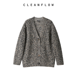 CLEANFLOW  米石灰山羊绒粗棒针织开衫女毛衣长袖牛角扣宽松外套