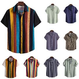 男式短袖衬衫时尚宽松条纹，衬衣menfashionstripeshortsleeve