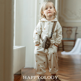 happyology英国儿童男童春秋针织，连帽印花外套，女童全棉衣服