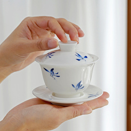 陶瓷兰花功夫茶具泡茶壶蝴蝶兰，青花三才盖碗，家用客厅茶杯茶壶茶具