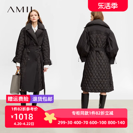 Amii2023冬极简保暖长款白鸭绒双排扣双层翻领可拆羽绒服女