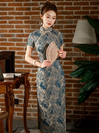侧八扣旗袍妈妈中年花色，提花夏季双层短袖传统老上海复古新中式夏