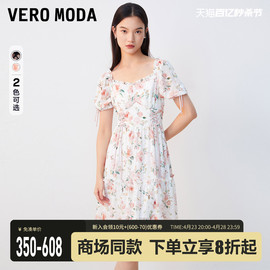 Vero Moda连衣裙2023秋冬花朵波点植绒绑带木耳边泡泡袖拉链