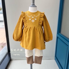 韩国童装冬女童宝黄色荷叶，边翻领上衣裙衫拼接打底裤套装