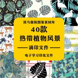 时尚热带植物风景龟背竹凤尾竹花卉植物枝叶印花矢量图案素材