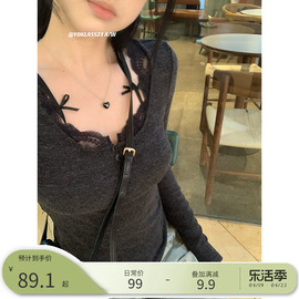 王少女的店 灰色蕾丝花边纯欲打底针织衫2024早春辣妹短款V领上衣