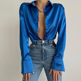 蓝色长袖绸缎衬衫女春季单排扣开衫上衣女Blue satin shirt women