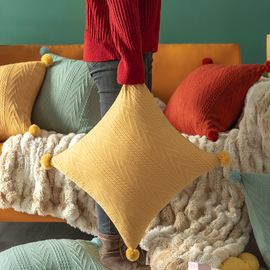针织毛线球沙发客厅抱枕套不含芯红色靠枕床头北欧抱枕汽车腰枕