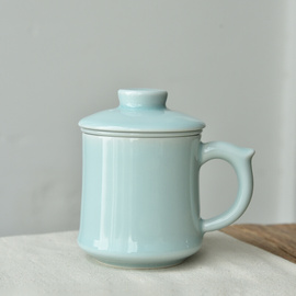 龙泉青瓷办公室茶杯陶瓷带盖过滤杯茶水分离泡茶杯家用喝茶杯子