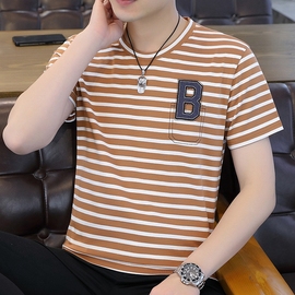 2023夏季短袖T恤男学生青少年韩版流行男装条纹小衫上衣服潮