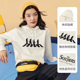 skechers斯凯奇秋冬针织印花连帽卫衣女，运动圆领上衣男女