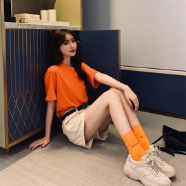 橙色短袖t恤女宽松纯色圆领，半袖纯棉简约橘色上衣2024年夏季