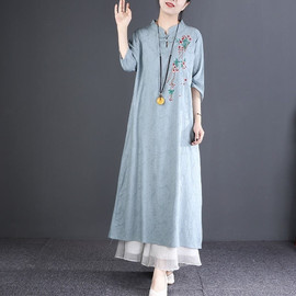 茶服女棉麻连衣裙两件套文艺复古禅意，茶艺师服装春夏季中国风茶道