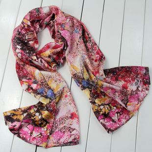 100%桑蚕丝 真丝围巾 数码喷绘真丝长丝巾HT1113桃色 古原画家