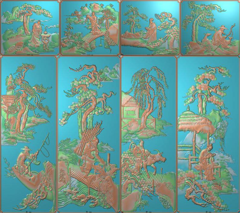 浮雕图 精雕图 灰度图 渔樵耕读顶箱柜