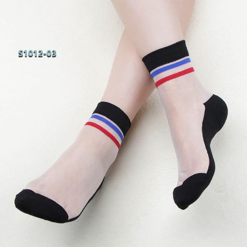 袜子女丝袜春秋薄款冰丝袜棉底玻璃丝袜日系中筒两条杠水晶丝短袜